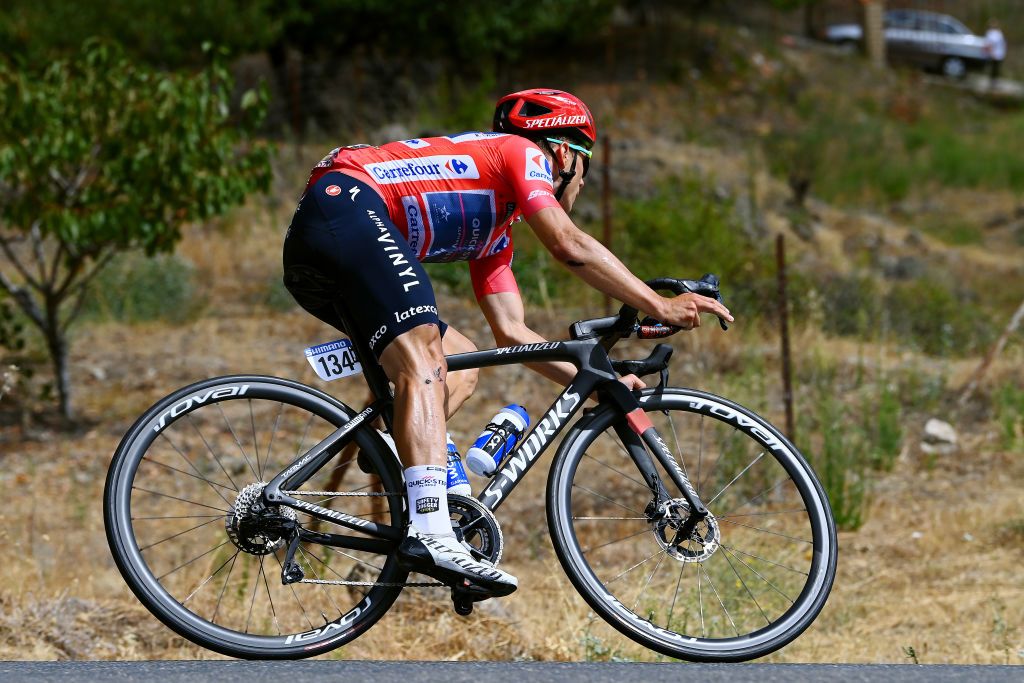 ALTO DEL PIORNAL SPAIN SEPTEMBER 08 Remco Evenepoel of Belgium and Team QuickStep Alpha Vinyl Red Leader Jersey competes during the 77th Tour of Spain 2022 Stage 18 a 192km stage from Trujillo to Alto del Piornal 1163m LaVuelta22 WorldTour on September 08 2022 in Alto del Piornal Caceres Spain Photo by Tim de WaeleGetty Images