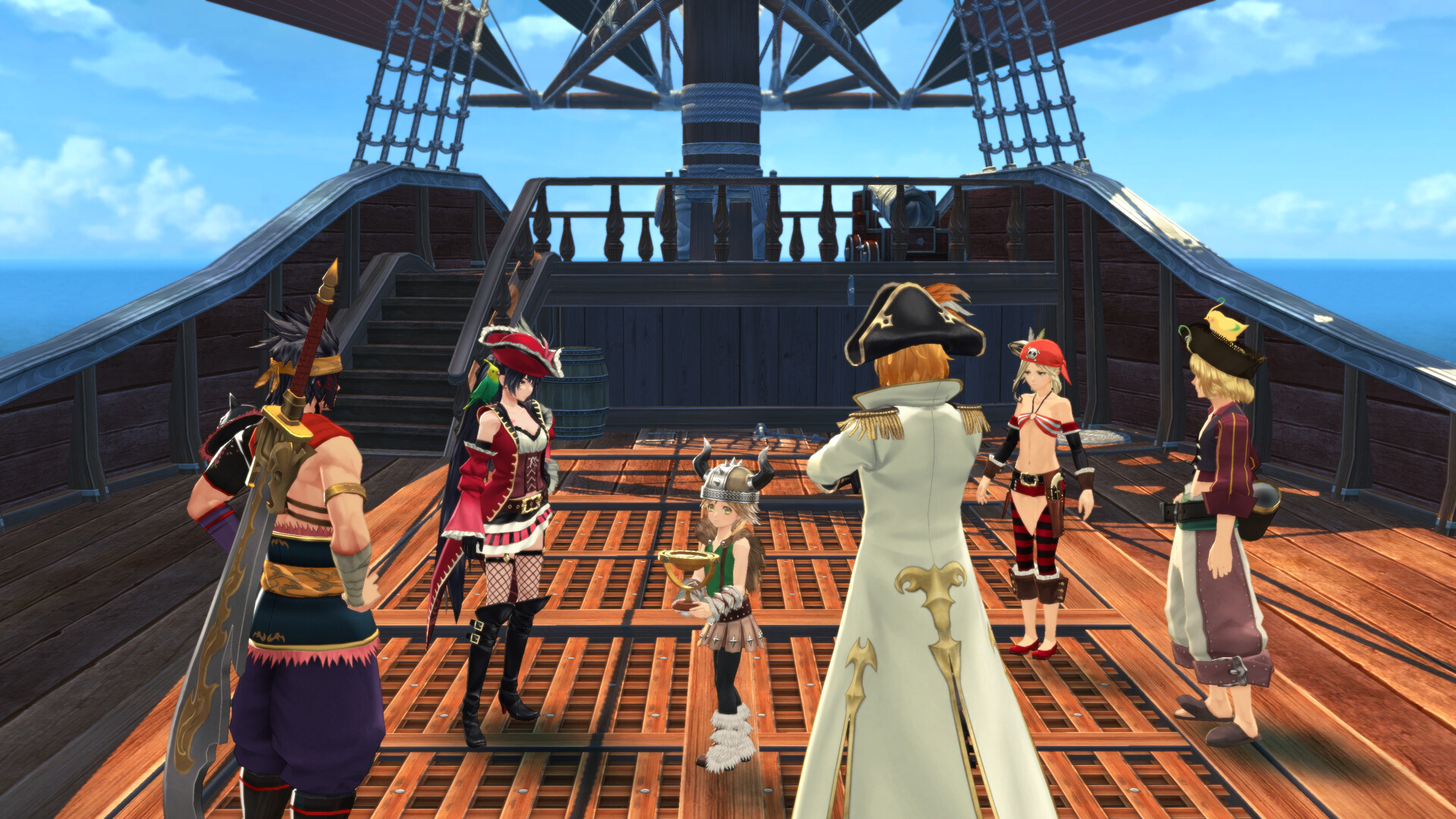 Tales of Berseria Remastered scene in which the main party boards a pirate ship. They're all wearing fittingly piratey outfits, too.