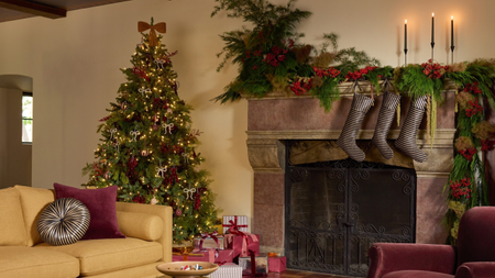 a living room decorated for Christmas