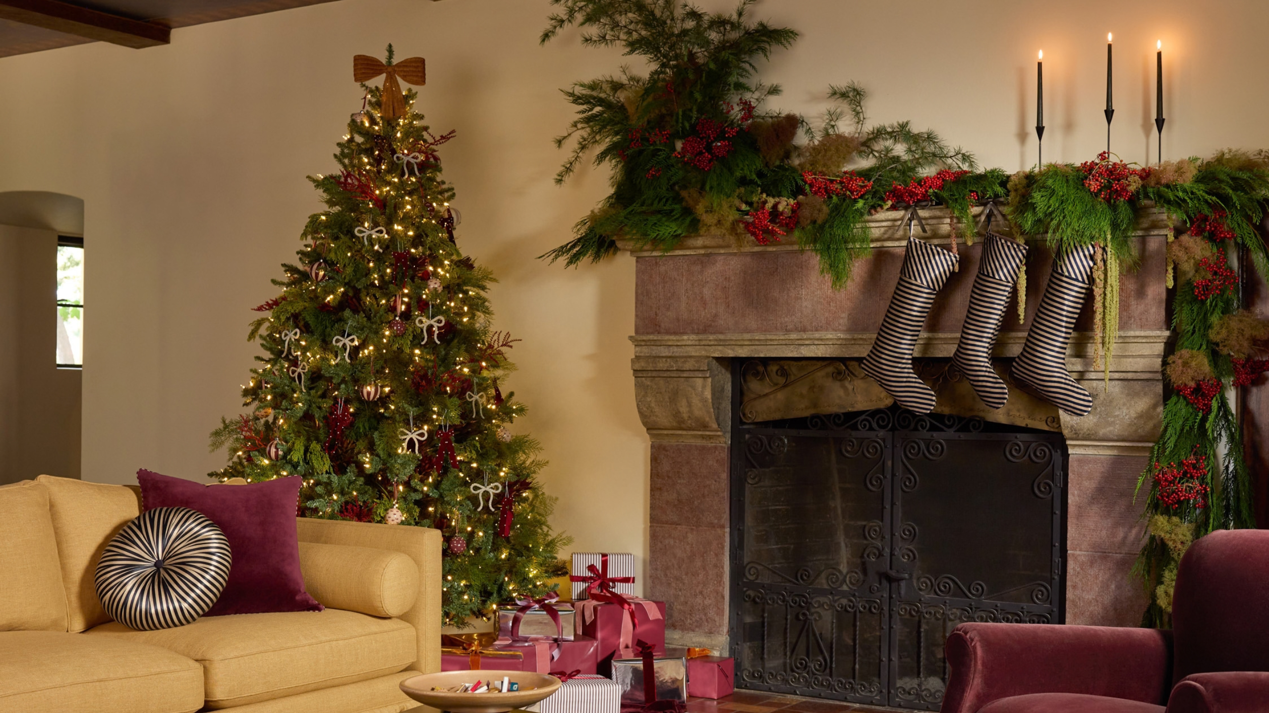 a living room decorated for Christmas
