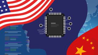 A chip superimposed over the top of a human head, flanked by American and Chinese flags. 