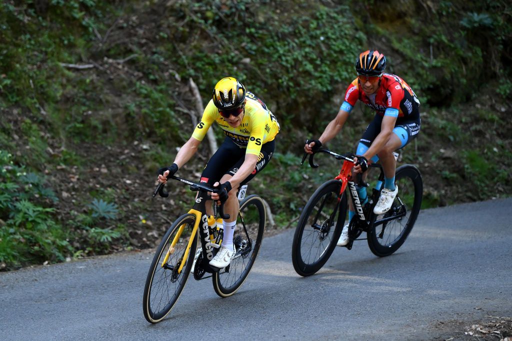 SANTURTZI SPAIN APRIL 06 Jonas Vingegaard of Denmark and Team Jumbo Visma Yellow Leader Jersey and Mikel Landa of Spain and Team Bahrain Victorious compete in the breakaway during the 62nd Itzulia Basque Country Stage 4 a 1757km stage from Santurtzi to Santurtzi UCIWT on April 06 2023 in Santurtzi Spain Photo by David RamosGetty Images