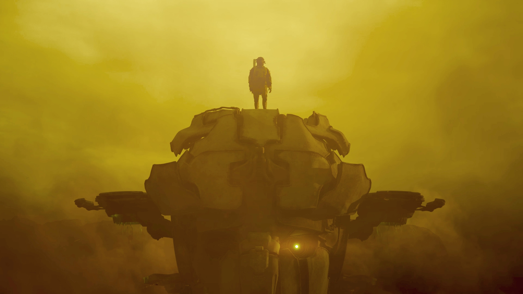 Gen Atlas - The distant outline of a humanoid figure standing on the head of a robot. 