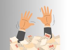 illustration of person sinking under a mountain of tax forms and paperwork