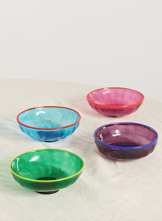 four colorful glass bowls