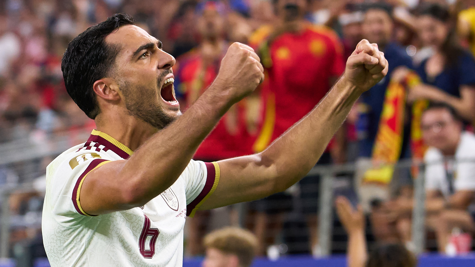 Mikel Merino celebrates his winning goal for Spain against Portugal in the World Cup 2026