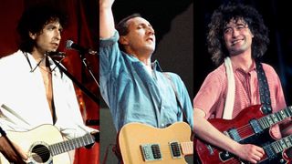 LEFT: Bob Dylan at Live Aid during Live Aid Concert - July 13, 1985 at JFK Stadium in Philadelphia, Pennsylvania, United States. ()CENTER: Pete Townshend of The Who performs on stage at Live Aid in Wembley Stadium on July 13th, 1985 in London, United Kingdom. RIGHT: Jimmy Page of Led Zeppelin performs at Live Aid at Veteran's Stadium in Philadelphia, Pennsylvania, July 13, 1985.