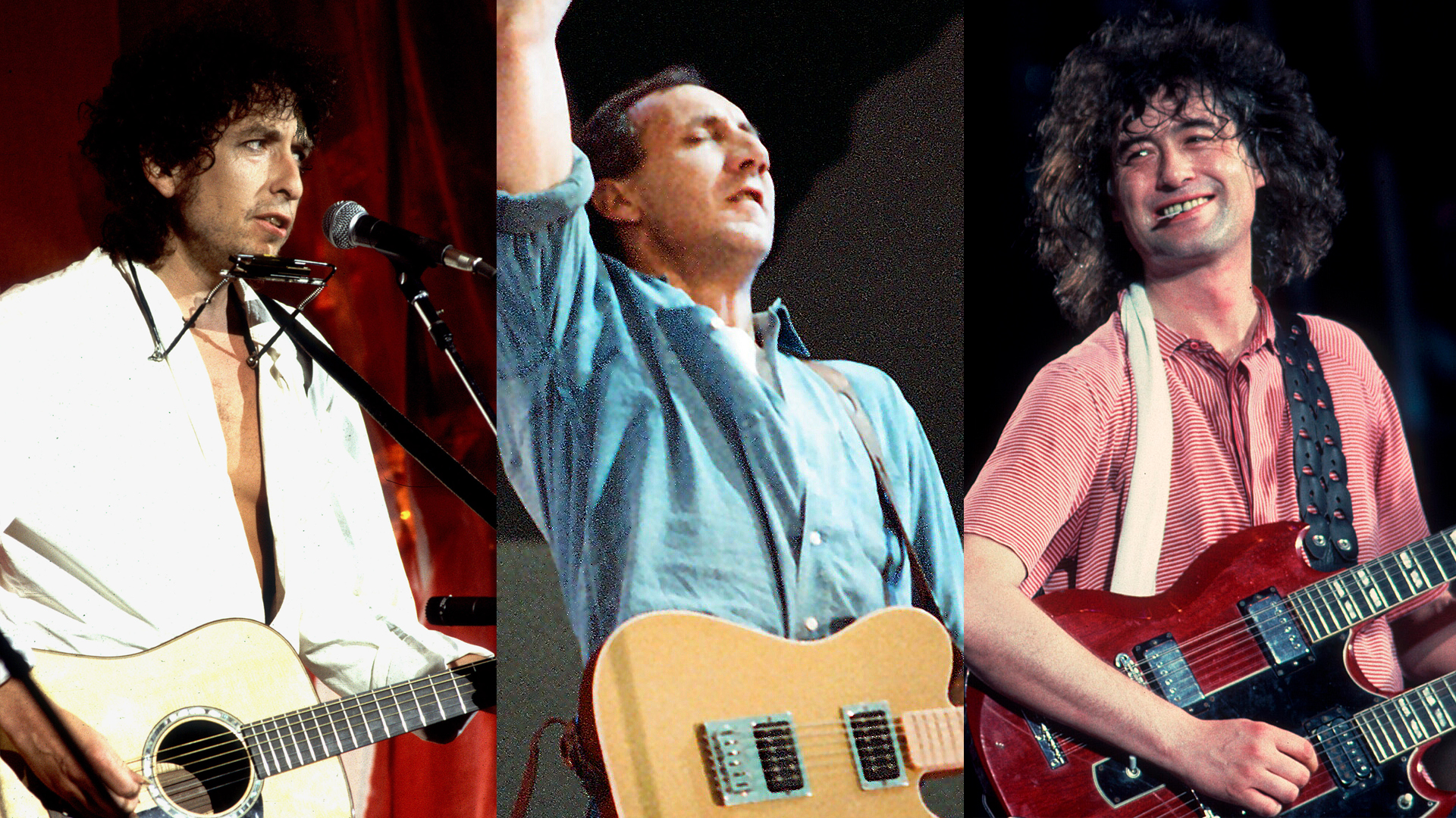 LEFT: Bob Dylan at Live Aid during Live Aid Concert - July 13, 1985 at JFK Stadium in Philadelphia, Pennsylvania, United States. ()CENTER: Pete Townshend of The Who performs on stage at Live Aid in Wembley Stadium on July 13th, 1985 in London, United Kingdom. RIGHT: Jimmy Page of Led Zeppelin performs at Live Aid at Veteran's Stadium in Philadelphia, Pennsylvania, July 13, 1985.