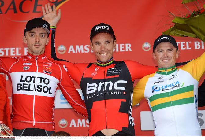 The Amstel Gold Race podium: Jelle Vanendert, Philippe Gilbert and Simon Gerrans.