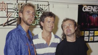 British rock band Genesis (British guitarist Mike Rutherford, British keyboardist Tony Banks, and British singer and drummer Phil Collins) attend a press conference ahead of their Invisible Touch Tour date at Dodger Stadium in Los Angeles, California, 22nd May 1987