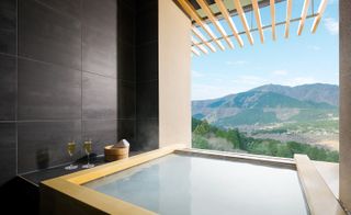 An image of a jacuzzi in a guest room with a view of the mountains