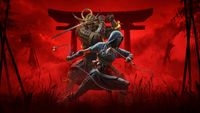 Assassins Creed Shadows review; a vibrant digital illustration portrays a dynamic confrontation between a samurai and a ninja, set against a dramatic red background