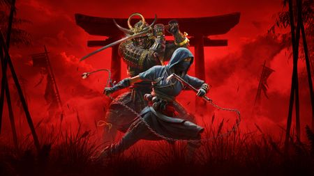 Assassins Creed Shadows review; a vibrant digital illustration portrays a dynamic confrontation between a samurai and a ninja, set against a dramatic red background