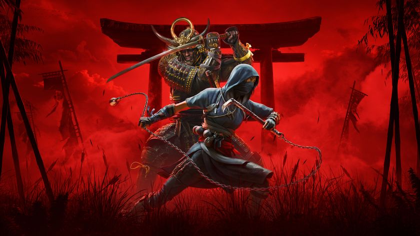 Assassins Creed Shadows review; a vibrant digital illustration portrays a dynamic confrontation between a samurai and a ninja, set against a dramatic red background