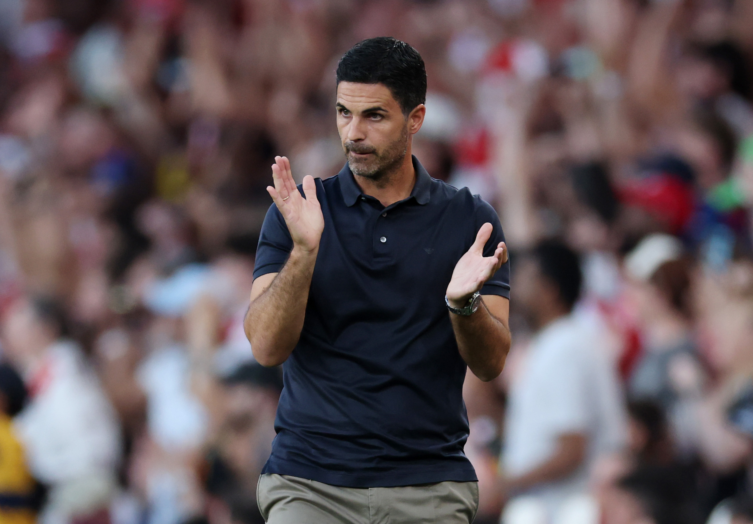 Mikel Arteta, Manager of Arsenal, reacts during the pre-season friendly match between Arsenal FC and Como Calcio at Emirates Stadium on August 12, 2026 in London, England