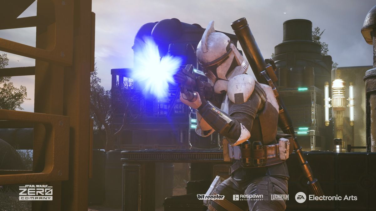 Still from the turn-based tactics video game 'Star Wars: Zero Company'. A person is shooting a large blaster rifle. They are heavily armored and have a full belt of supplies and also a larger weapon strapped to their back.