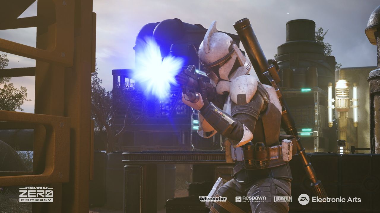 Still from the turn-based tactics video game 'Star Wars: Zero Company'. A person is shooting a large blaster rifle. They are heavily armored and have a full belt of supplies and also a larger weapon strapped to their back.