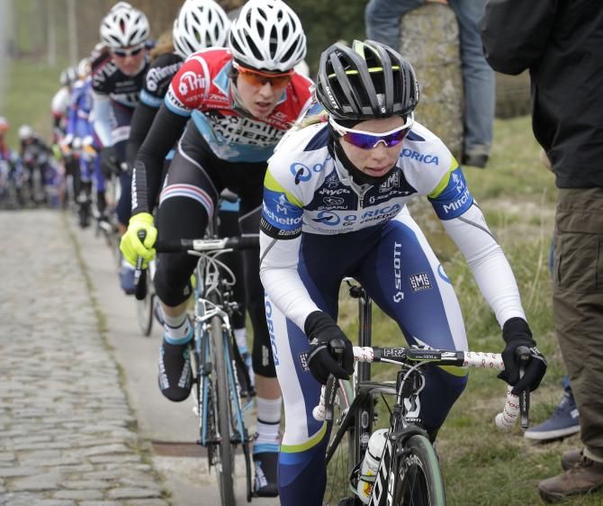 Tiffany Cromwell leads the way, en route to victory at Omloop Het Niewsblad