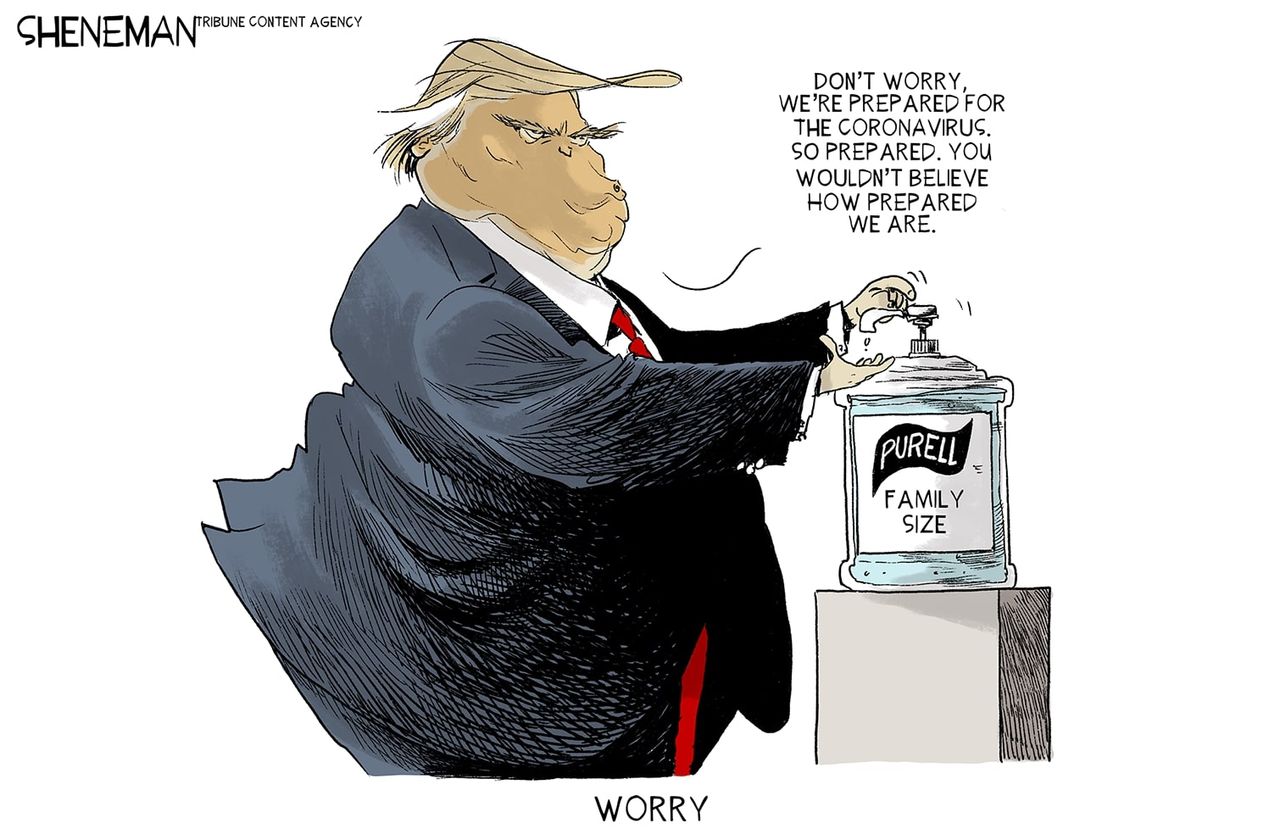 Political Cartoon U.S. Trump CDC Purell coronavirus ill-prepared response health crisis