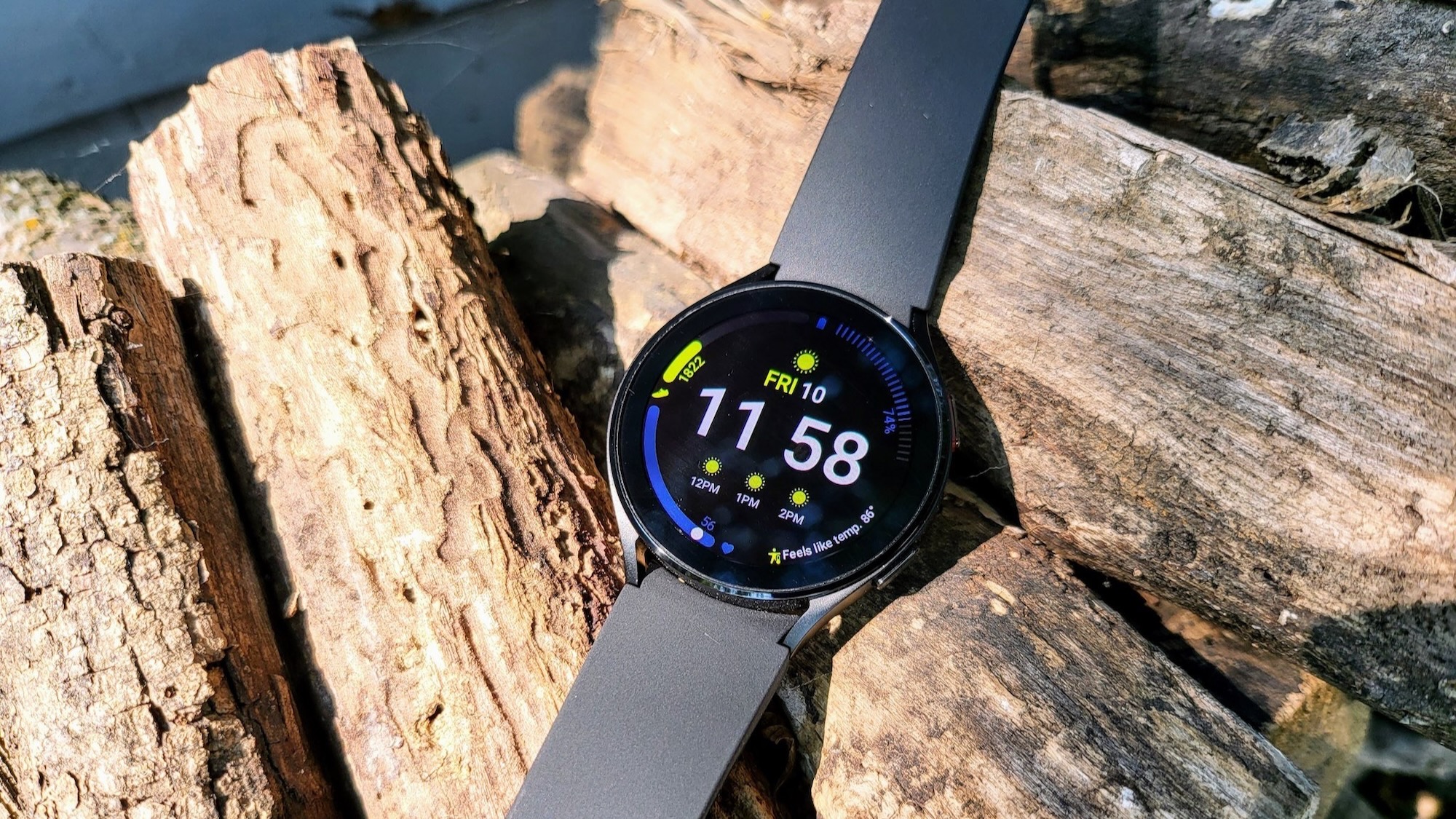 The Samsung Galaxy Watch 4 sitting on top of logs
