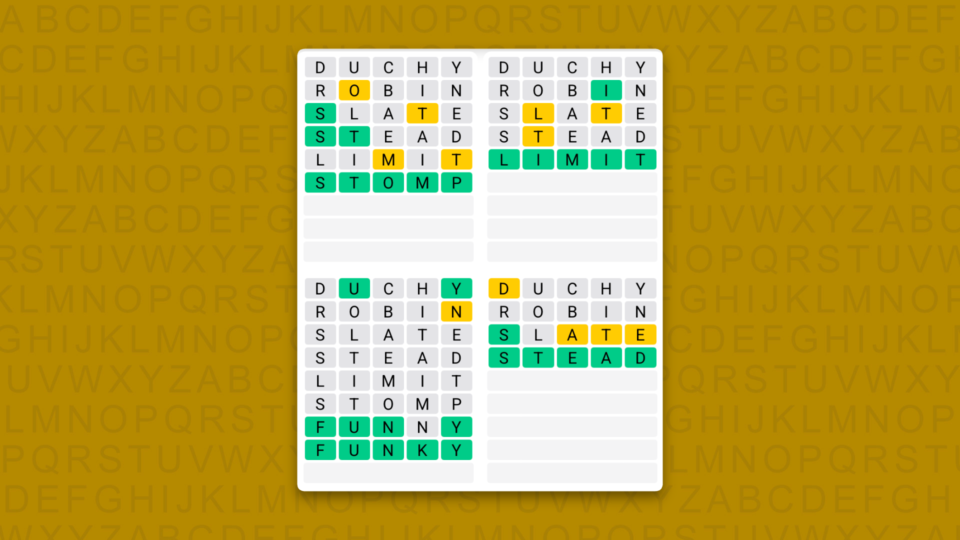 Quordle answers for game 1644 on a yellow background