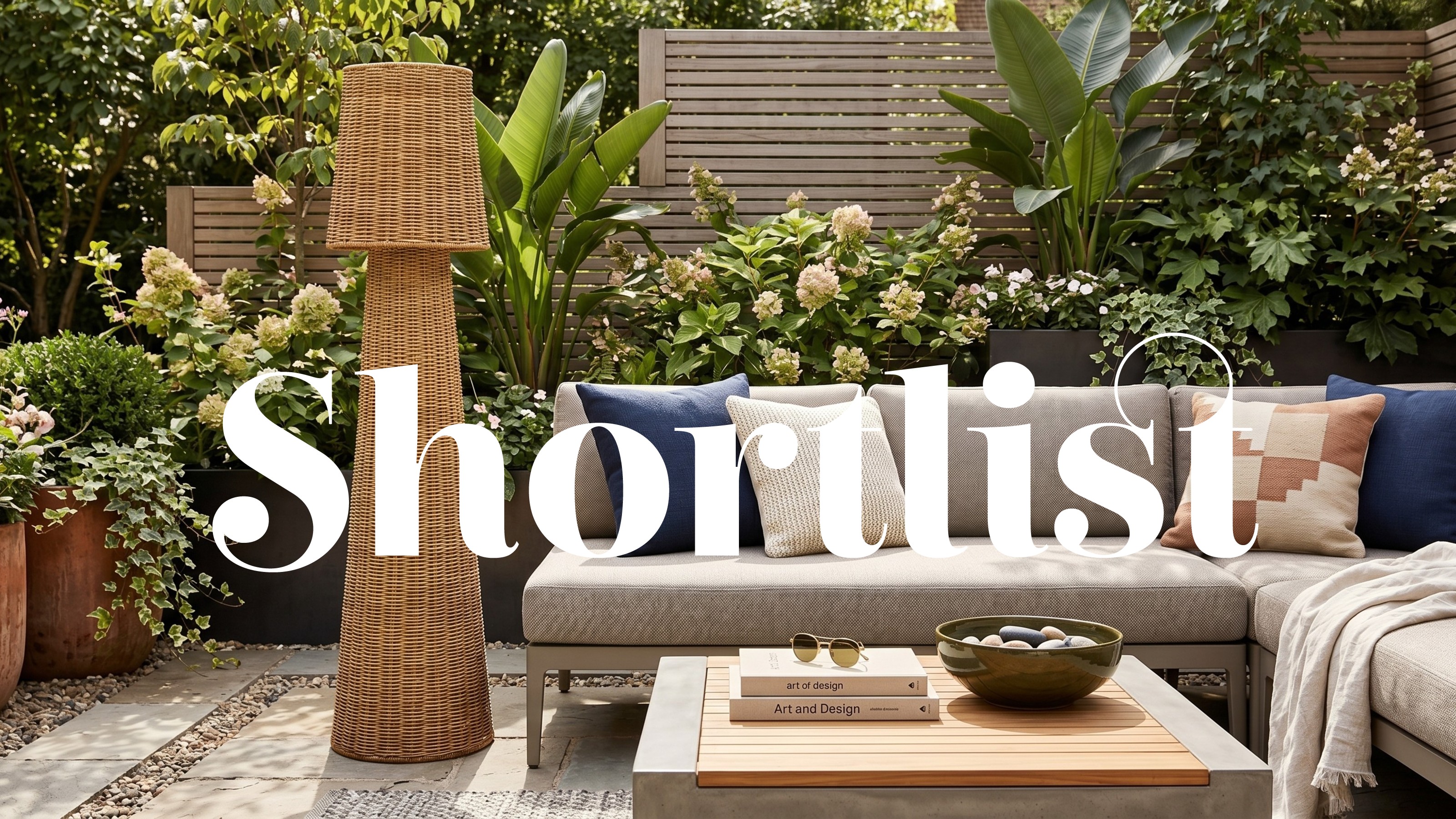 A garden with a grey outdoor sofa and Newgarden Lola rattan outdoor floor lamp next to it