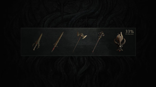 An image of 5 blood-inspired weapon cosmetics for Diablo 4, a goal for reaching 33% of a blood drive.