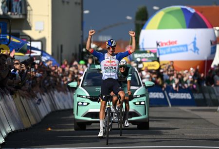 BAD DURKHEIM, GERMANY - AUGUST 22: Giulio Pellizzari of Italy and Team Red Bull - BORA - hansgrohe celebrates at finish line as stage winner during the 40th Deutschland Tour 2026, Stage 3 a 170.8km stage from Herxheim to Bad Durkheim / #UCIWT / on August 22, 2026 in Bad Durkheim, Germany. (Photo by Dario Belingheri/Getty Images)