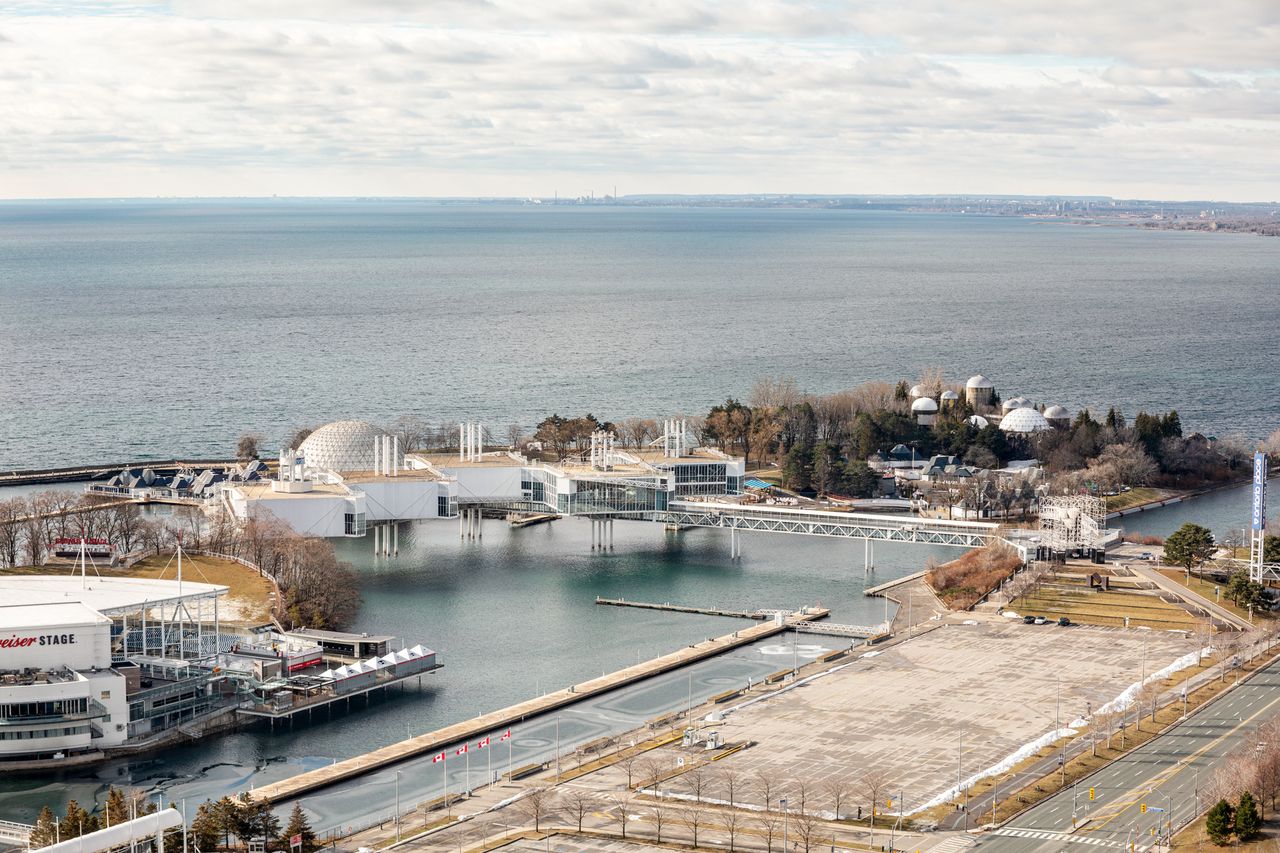 Ontario Place, showing grey day and large orb structure