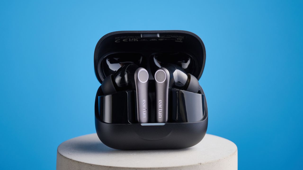 the earfun air pro 4+ earbuds in black showing the ear tips, charging case, and being worn