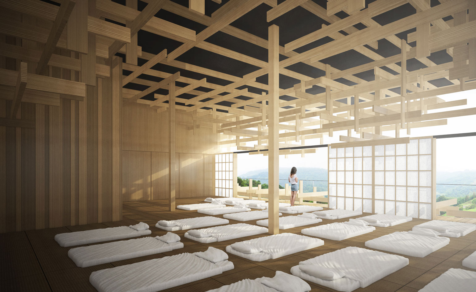 Two semi-open storeys sit above a basement, covered by wooden framework