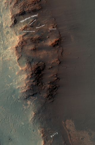 This map show a portion of Endeavour Crater's western rim that includes the "Marathon Valley" area investigated intensively by NASA's Mars rover Opportunity in 2015 and 2016, and a fluid-carved gully that is a destination to the south for the mission.