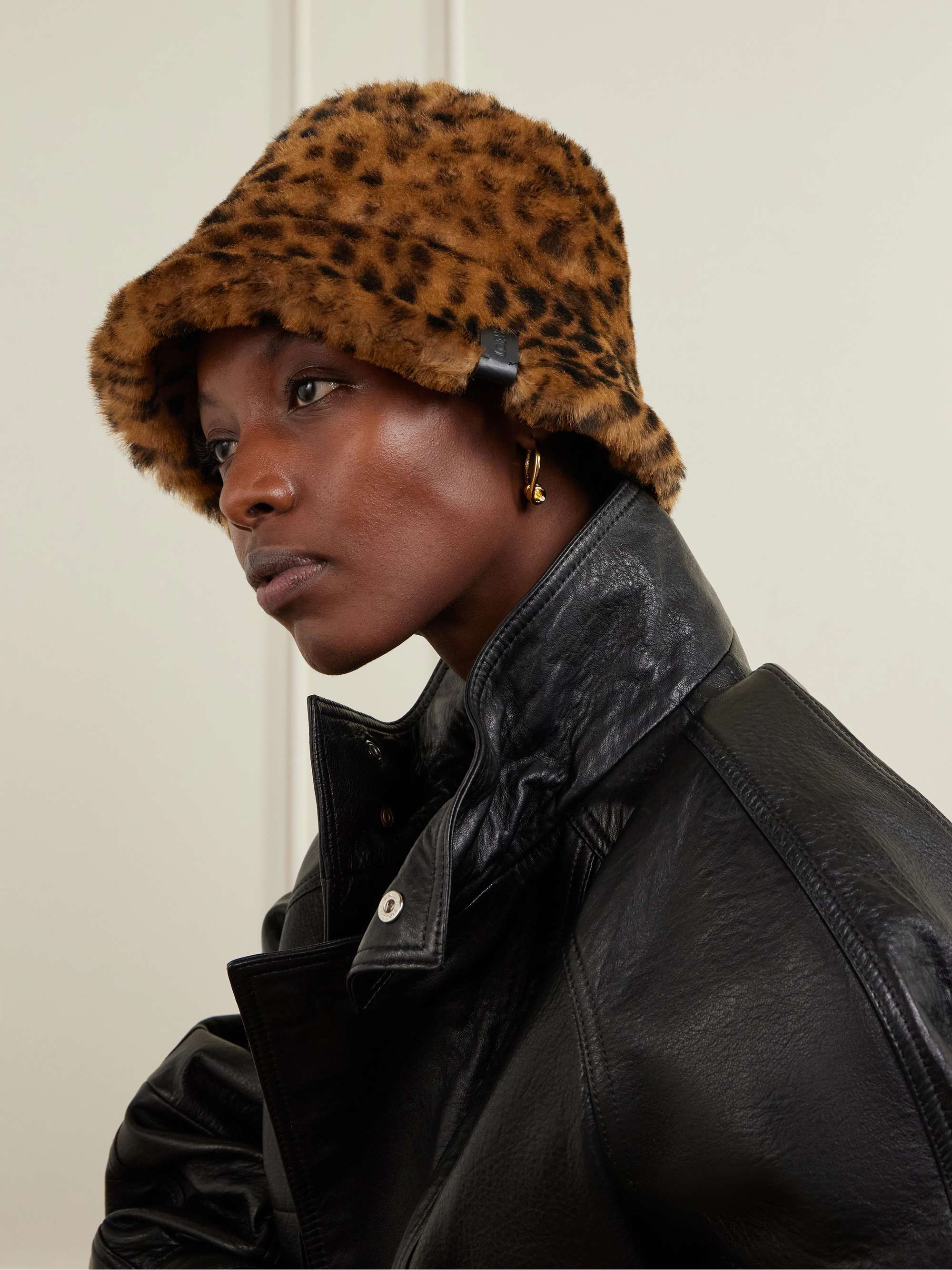 Leather-Trimmed Leopard-Print Shearling Bucket Hat