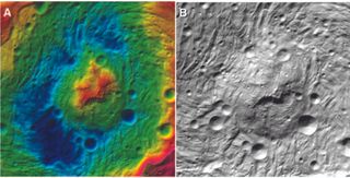 Cross sections of the central peak of Vesta's huge Rheasilvia impact basin, which measures 314 miles across. (A) shows color-contoured topography, while (B) is an orthorectified image mosaic.