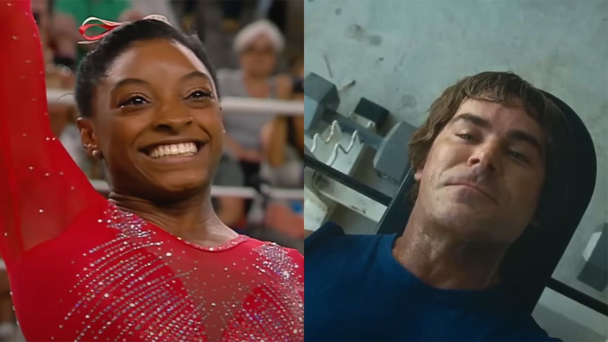 Simone Biles waves during Olympics performance as Zac Efron pumps Iron in The Iron Claw. 