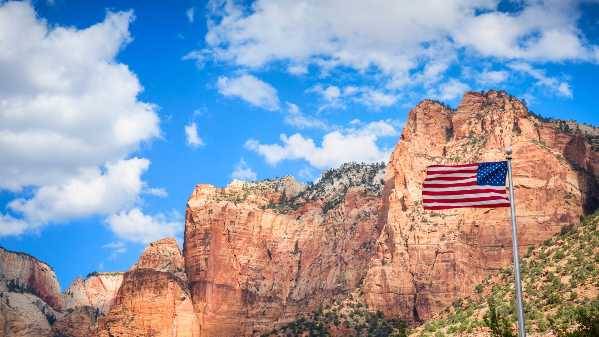 US flag flies in Zion National Park