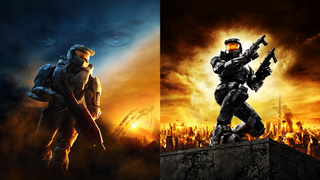 Side-by-side artwork from Halo 2 and Halo 3, featuring Master Chief holding a rifle against a blue and orange battlefield on the left and dual-wielding weapons above a burning city on the right.