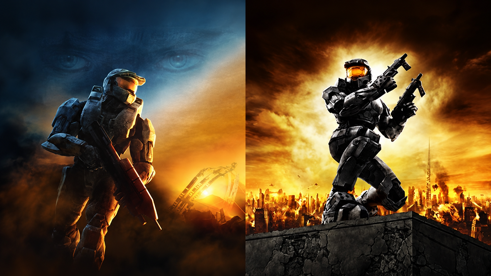 Side-by-side artwork from Halo 2 and Halo 3, featuring Master Chief holding a rifle against a blue and orange battlefield on the left and dual-wielding weapons above a burning city on the right.