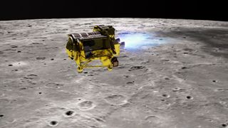 illustration of a yellow space craft with illuminated headlights on one side landing on the moon