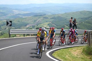 FRANCAVILLA AL MARE ITALY MAY 15 Luke Plapp of Australia and Team Jayco AlUla leads the peloton climbing to Casacalenda 635m during the 107th Giro dItalia 2024 Stage 11 a 207km stage from Foiano di val Fortore to Francavilla al mare UCIWT on May 15 2024 in Francavilla al mare Italy Photo by Dario BelingheriGetty Images