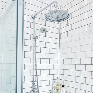 Shower head in white bathroom with shower screen