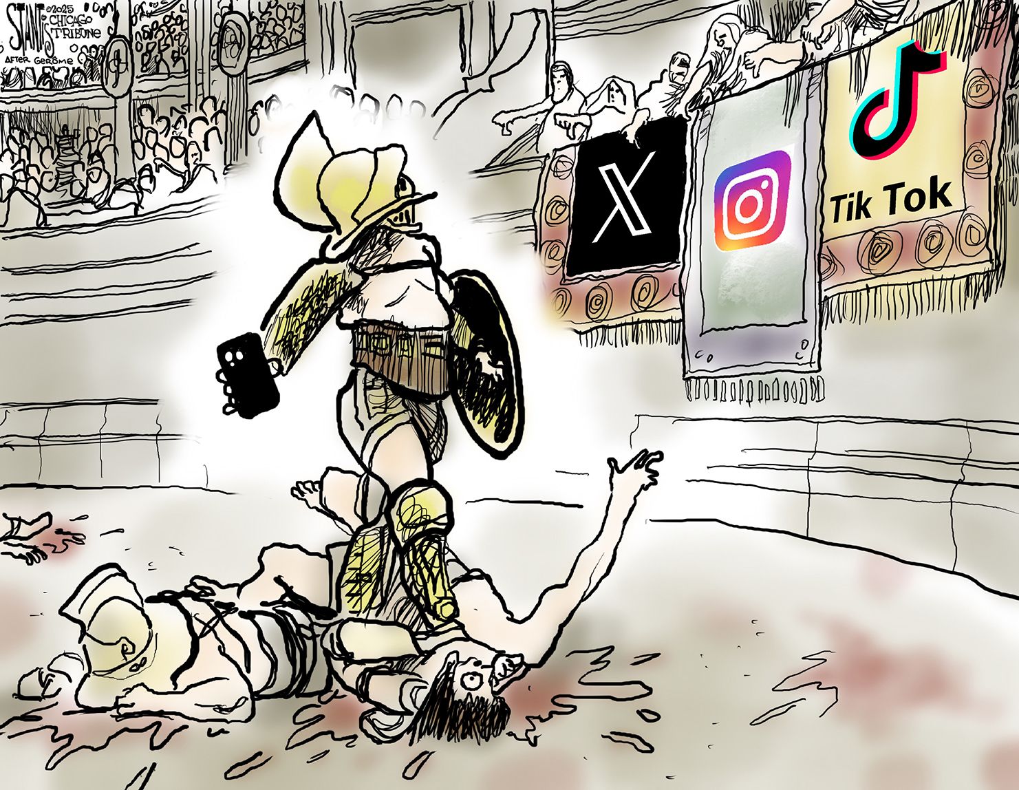 
                                This cartoon depicts a modern gladiator in an arena, holding a smartphone, standing over two defeated, bleeding opponents. Three large banners hang, displaying the logos for &quot;X,&quot; &quot;Instagram,&quot; and &quot;TikTok.&quot; Some spectators are giving a thumb&#039;s down.
                            