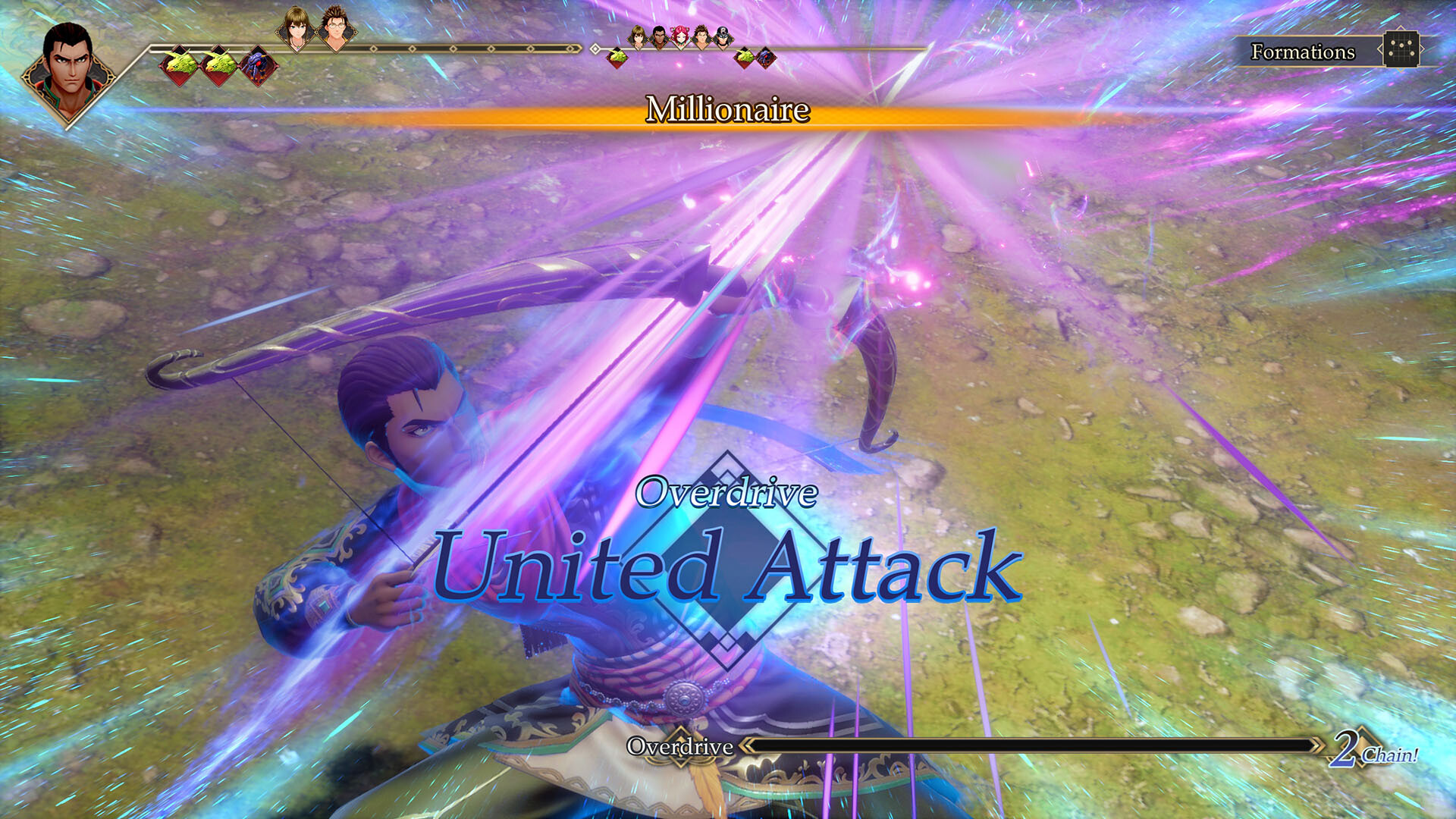 A character pulls back a bow and performs a powerful charged Overdrive United attack in RPG, Romancing Saga 3: Destinates United