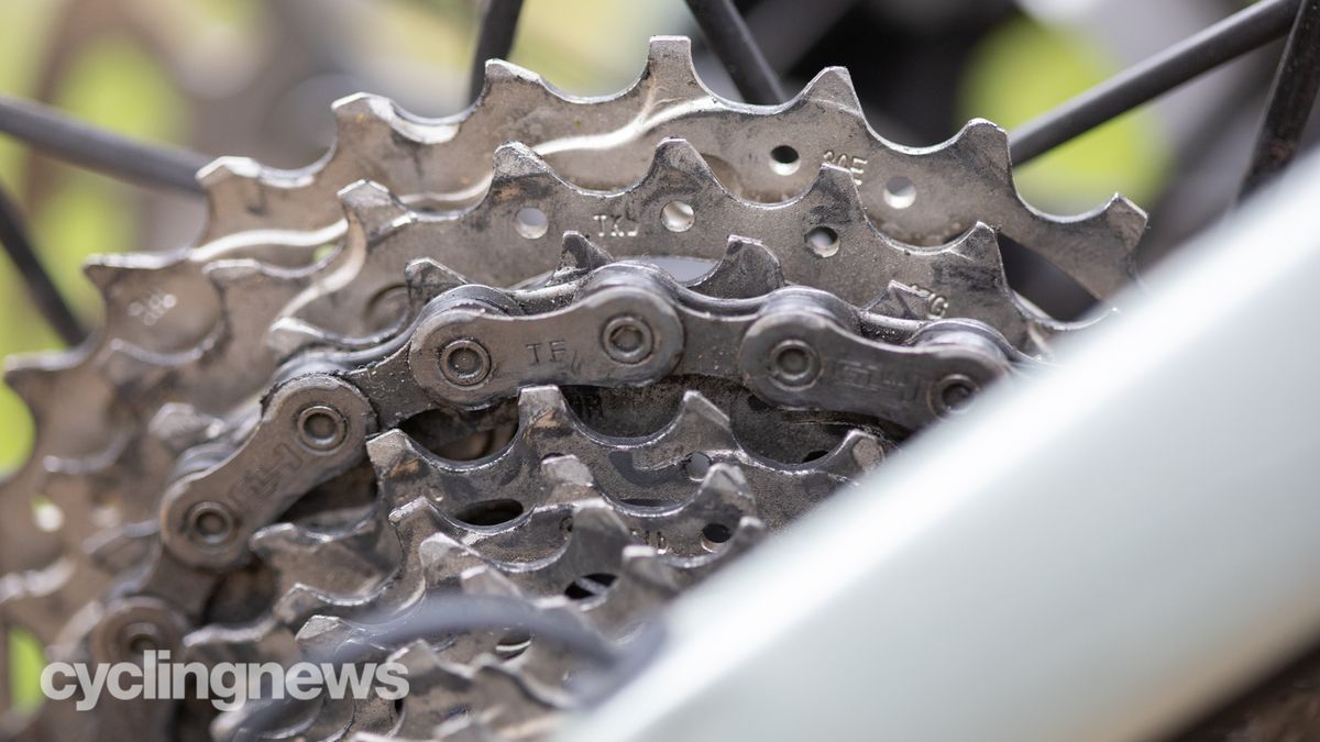 Shimano Ulteagra R8100 detail view of rear cassette and chain
