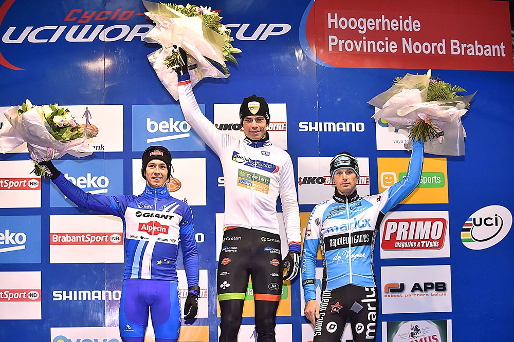 Wout Van Aert celebrates his World Cup overall win on the podium