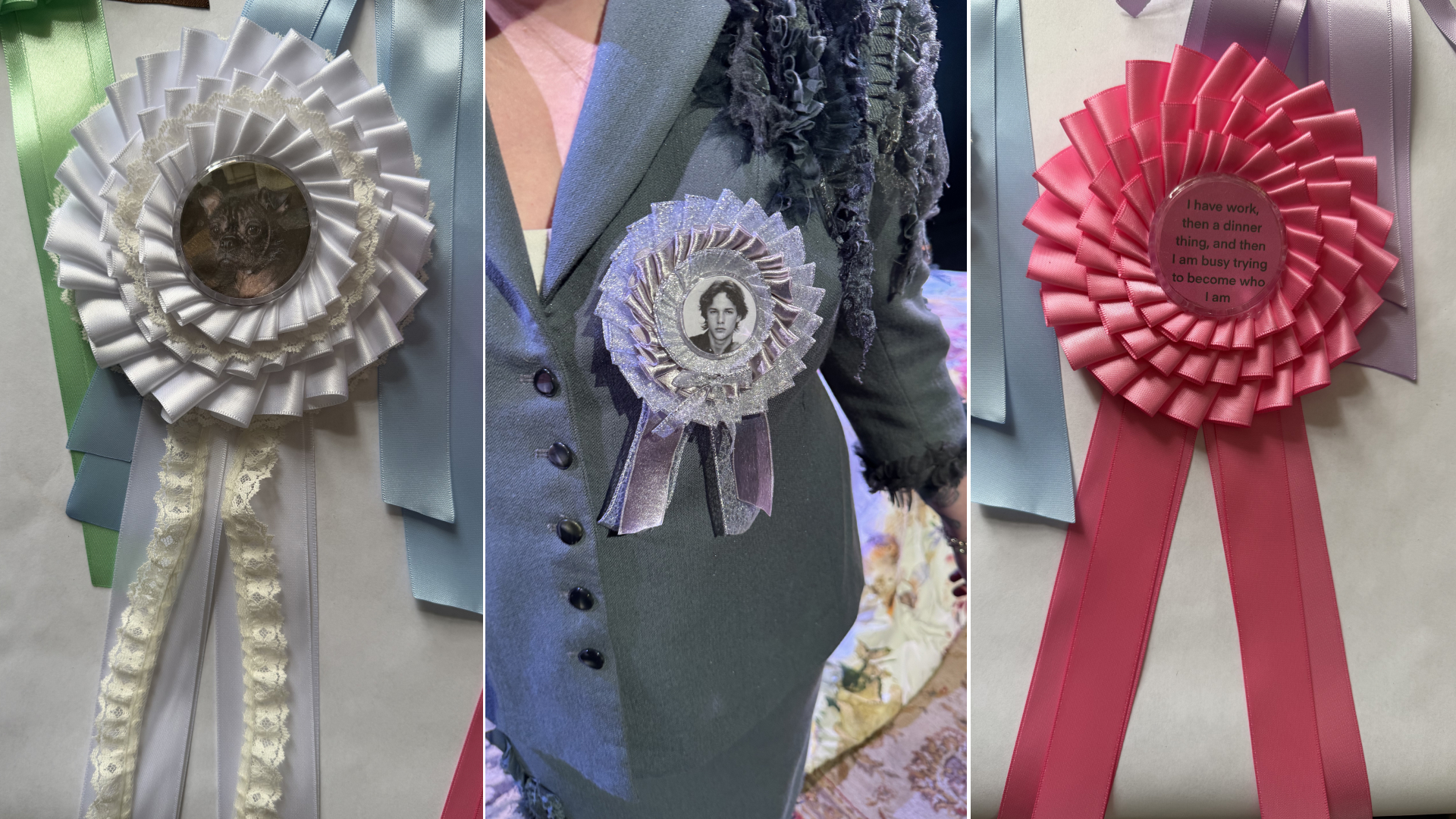 a three picture collage of Lena Dunham's custom prize ribbon pins