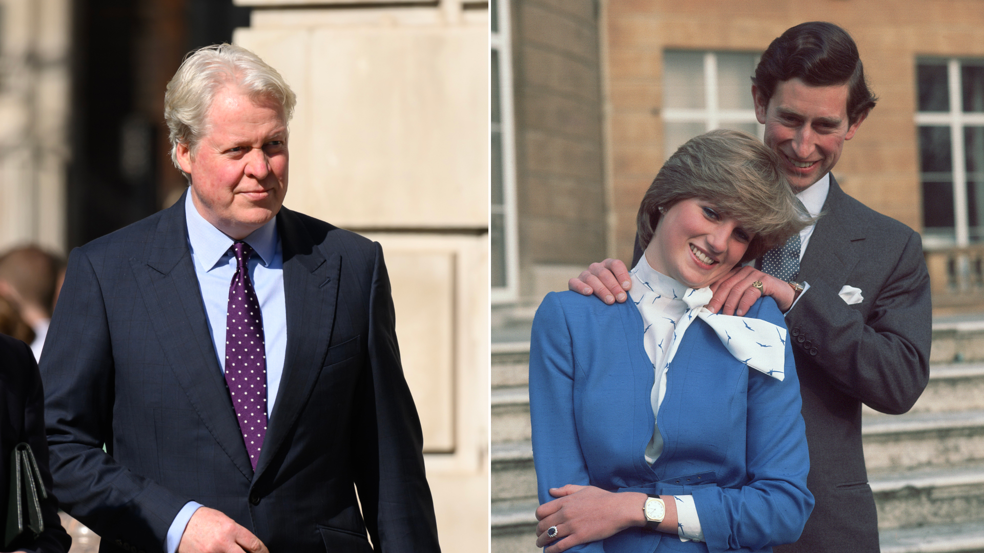 Princess Diana wears royal blue and King Charles puts his hands on her shoulders, while her brother, Charles Spencer, looks on
