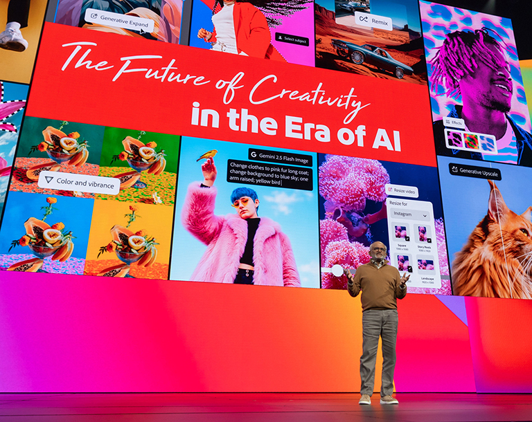 A presenter speaks on stage in front of a giant screen reading "The Future of Creativity in the Era of AI", surrounded by examples of AI image editing tools