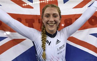 Laura Trott (Great Britain) celebrates her Omnium gold medal