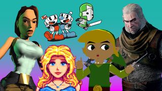 Examples of video game art showing Lara Croft, Link from Zelda, Cuphead, The Witcher and other game characters